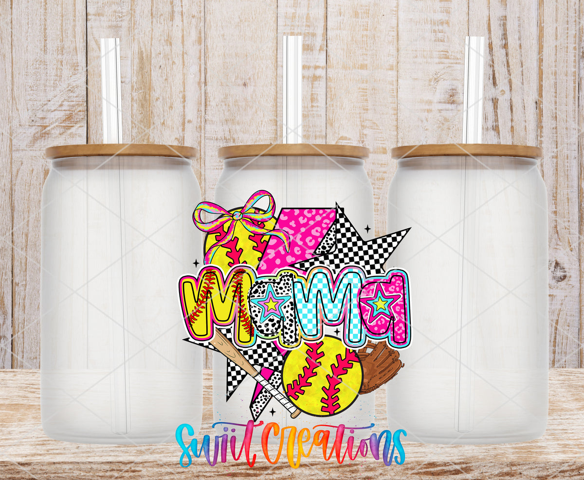 Softball Mama Coquette frosted glass tumbler mockup with bamboo lids and straws