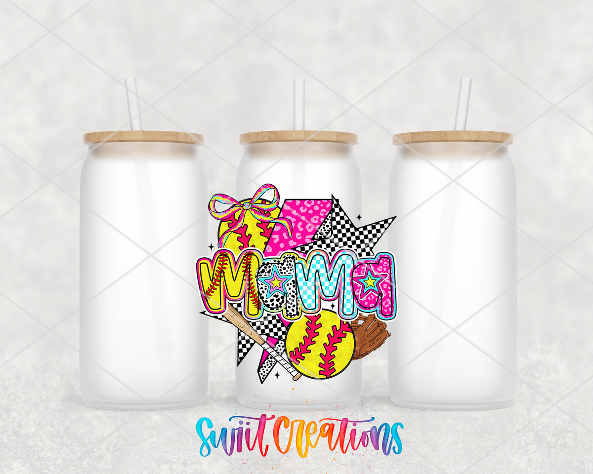 Softball Mama Coquette frosted glass tumbler group view with lids and straws