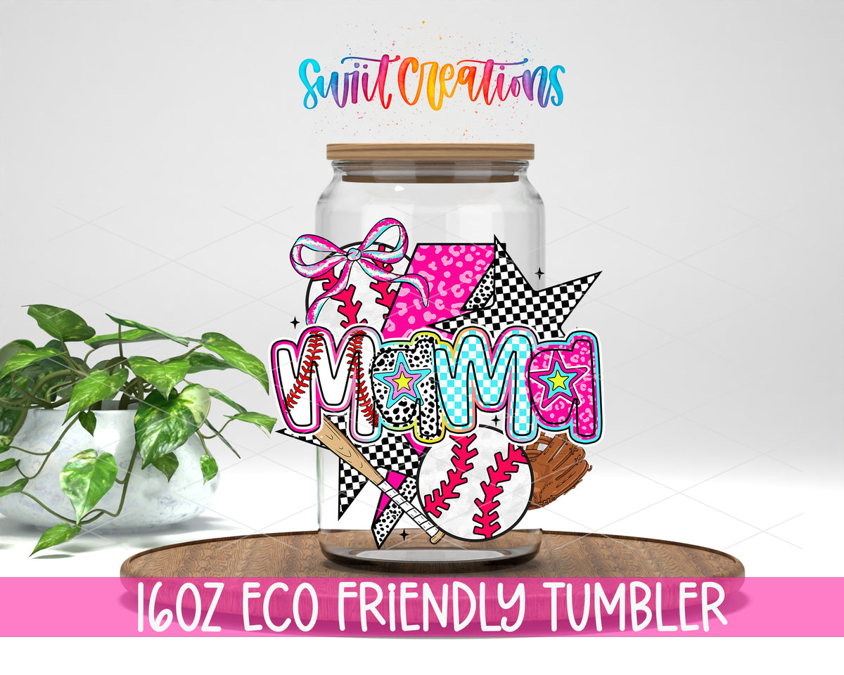 Baseball Mama Coquette design on a 16 oz clear glass tumbler with bamboo lid