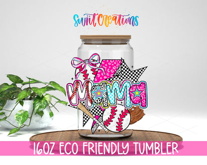 Baseball Mama Coquette design on a 16 oz clear glass tumbler with bamboo lid