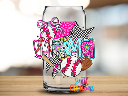 Baseball Mama Coquette design close-up on a clear glass can tumbler