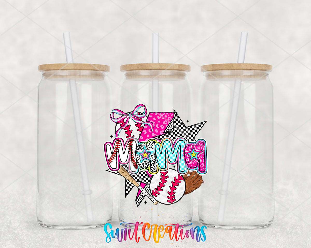 Baseball Mama Coquette clear glass tumbler group mockup with bamboo lids and straws