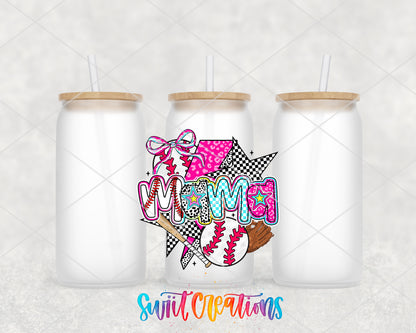 Baseball Mama Coquette frosted glass tumbler group view with lids and straws