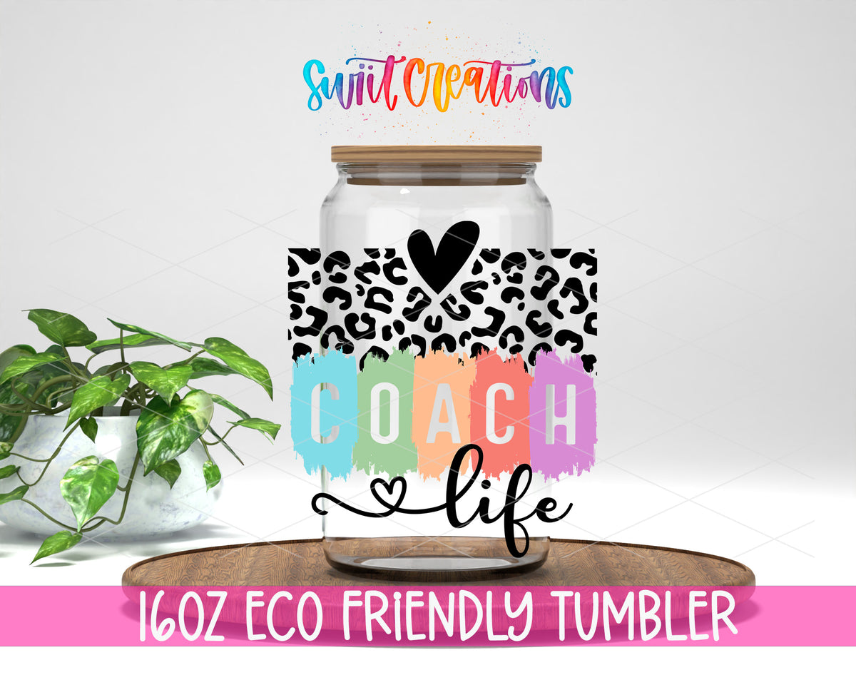 Coach Life Coquette design on a 16 oz clear glass tumbler with bamboo lid