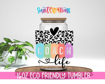 Coach Life Coquette design on a 16 oz clear glass tumbler with bamboo lid
