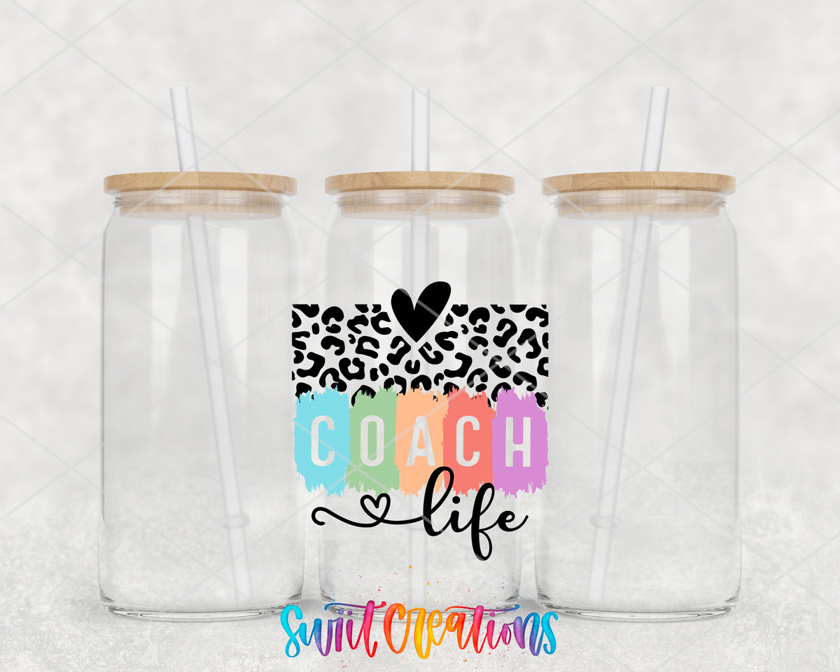 Coach Life Coquette clear glass tumbler group mockup with bamboo lids and straws