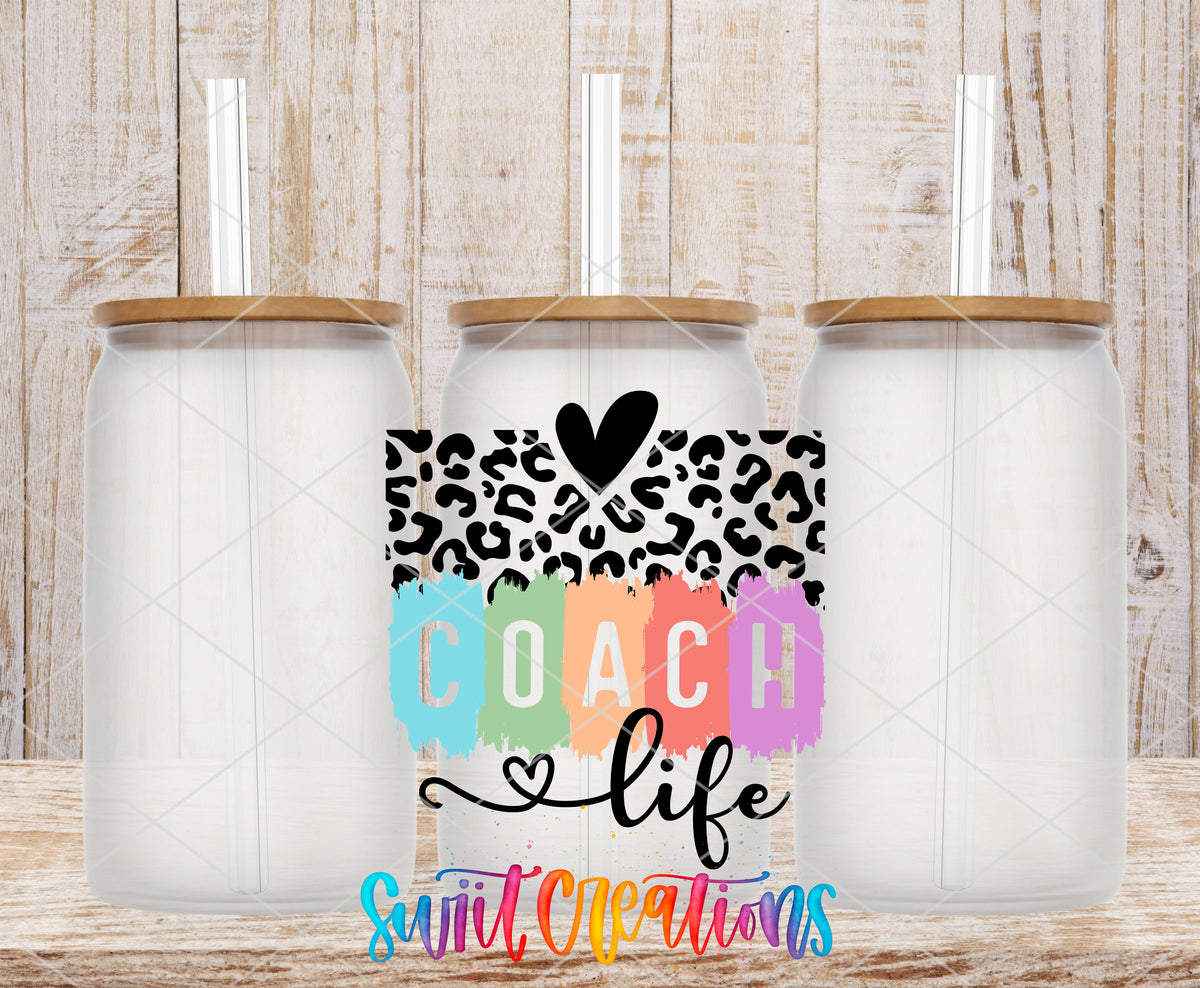 Coach Life Coquette frosted glass tumbler mockup with bamboo lids and straws