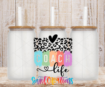 Coach Life Coquette frosted glass tumbler mockup with bamboo lids and straws