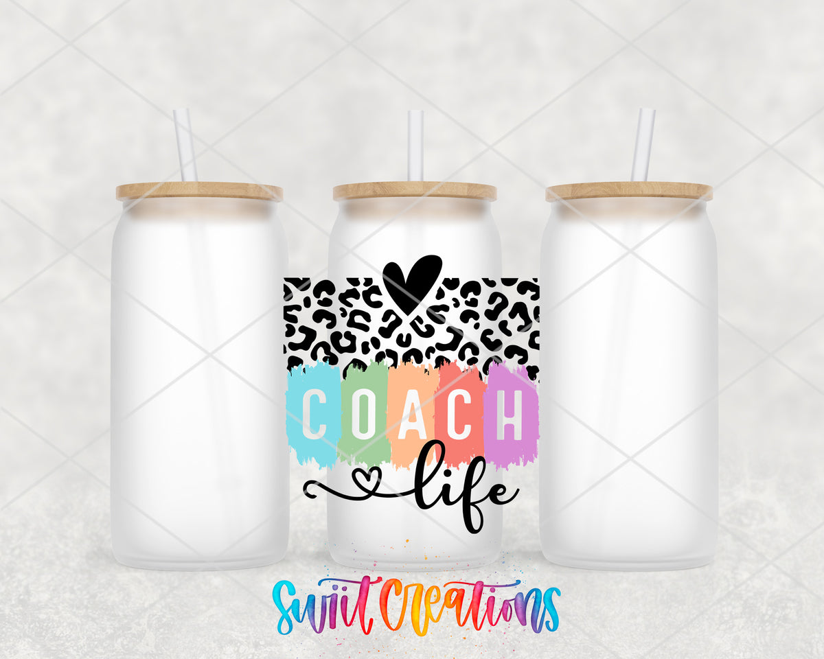 Coach Life Coquette frosted glass tumbler group view with lids and straws