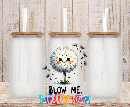 Blow Me Dandelion frosted glass tumbler mockup with bamboo lids and straws
