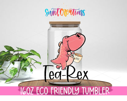 Tea-Rex design on a 16 oz clear glass tumbler with bamboo lid