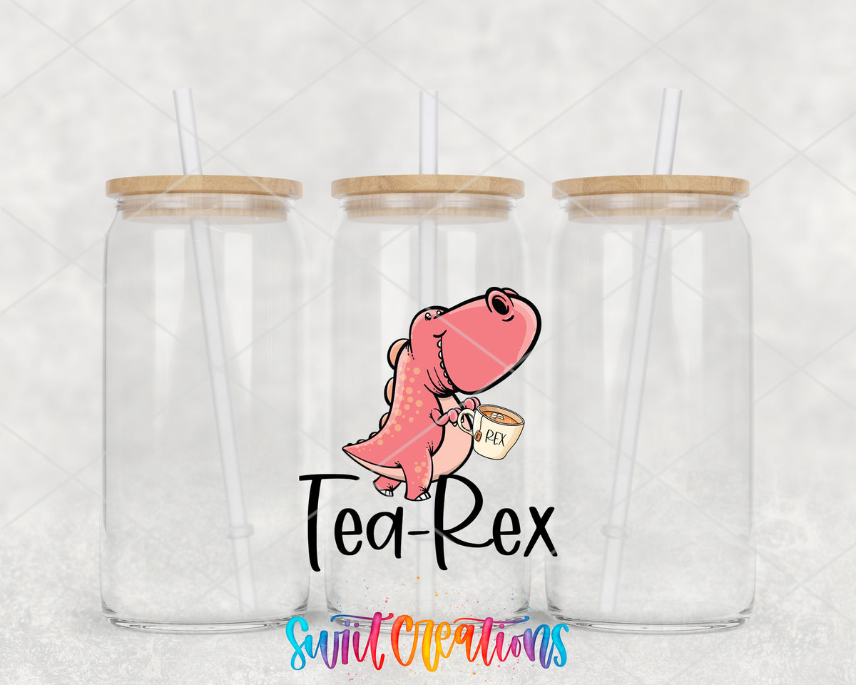 Tea-Rex clear glass tumbler group mockup with bamboo lids and straws