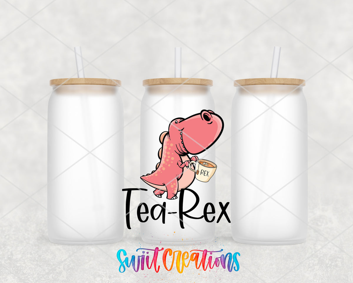 Tea-Rex frosted glass tumbler group view with lids and straws