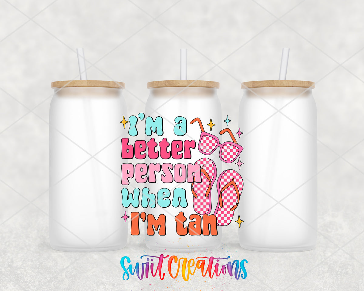 Better Person When Tan frosted glass tumbler group view with lids and straws