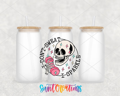 I Don't Sweat I Sparkle frosted glass tumbler group view with lids and straws