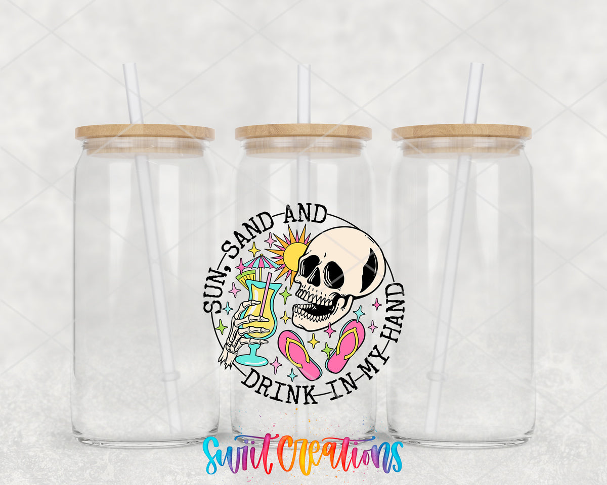 Sun Sand and Drink in My Hand clear glass tumbler group mockup with bamboo lids and straws