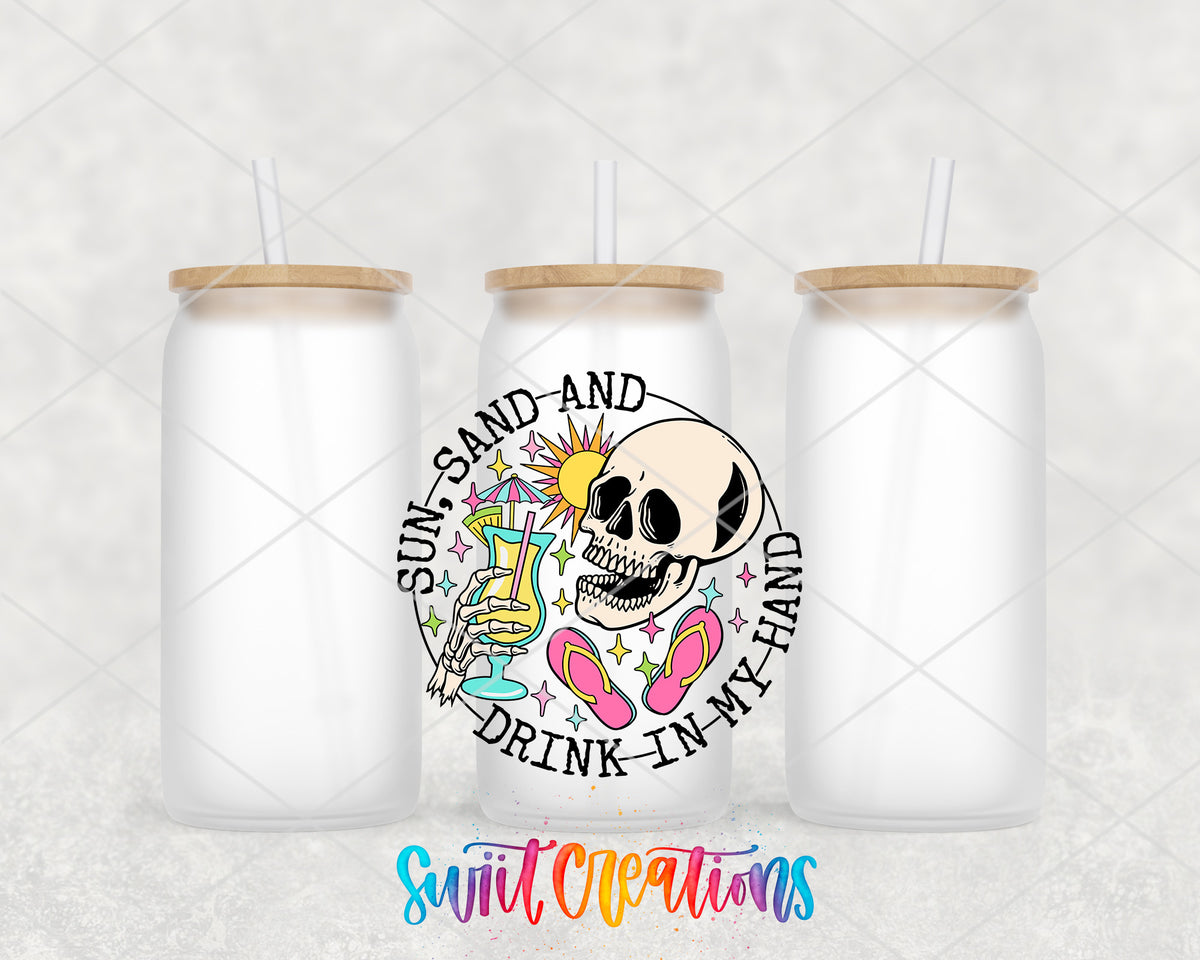 Sun Sand and Drink in My Hand frosted glass tumbler group view with lids and straws
