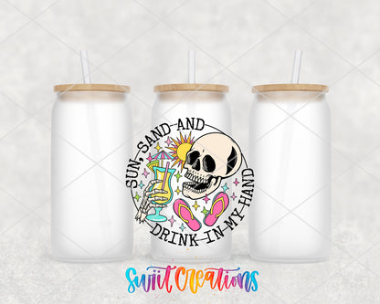 Sun Sand and Drink in My Hand frosted glass tumbler group view with lids and straws