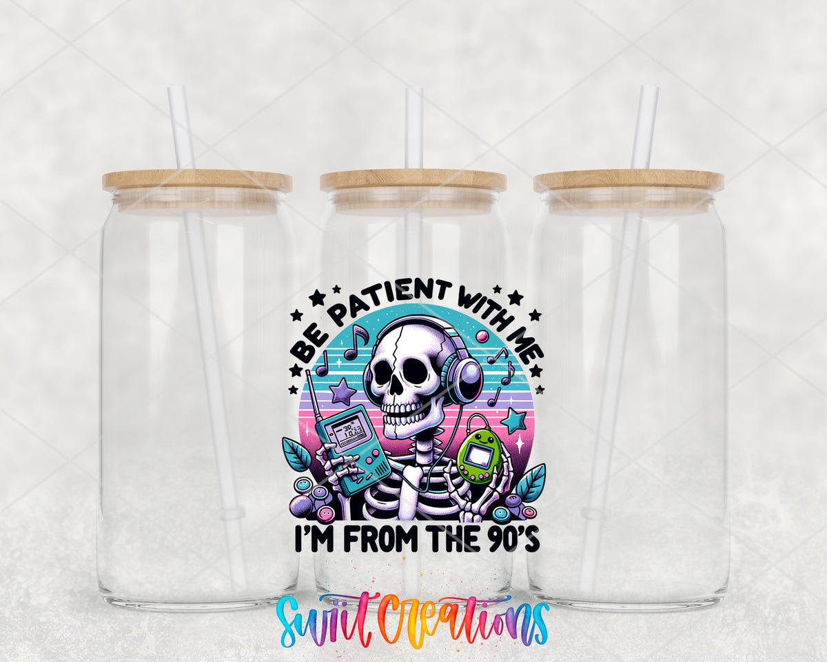 Be Patient I'm From the 90s clear glass tumbler group mockup with bamboo lids and straws