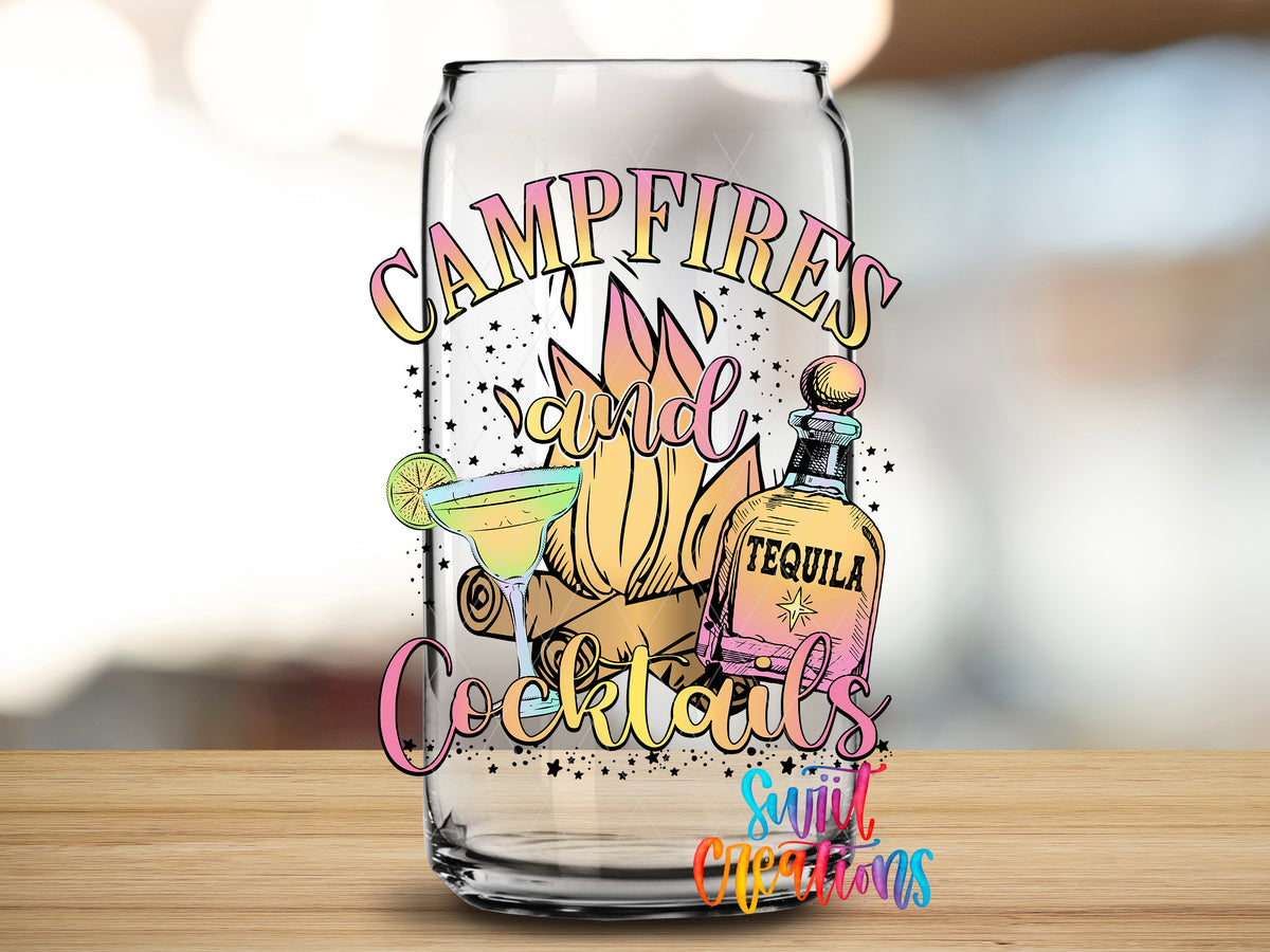 Campfires and Cocktails design close-up on a clear glass can tumbler