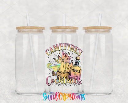 Campfires and Cocktails clear glass tumbler group mockup with bamboo lids and straws