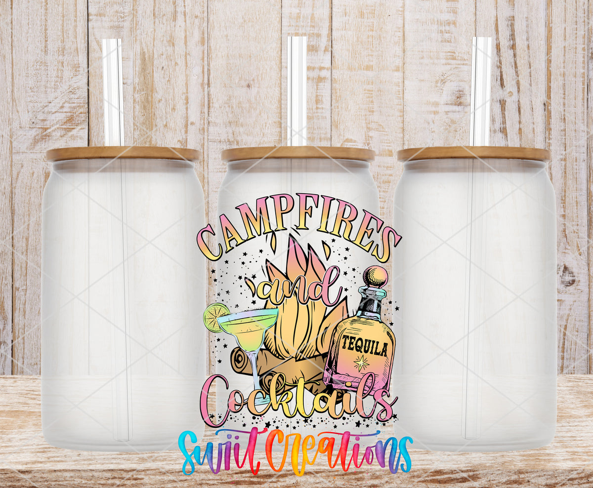 Campfires and Cocktails frosted glass tumbler mockup with bamboo lids and straws