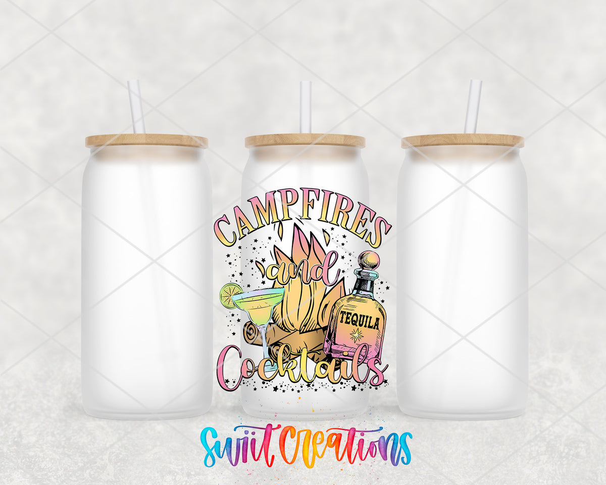 Campfires and Cocktails frosted glass tumbler group view with lids and straws