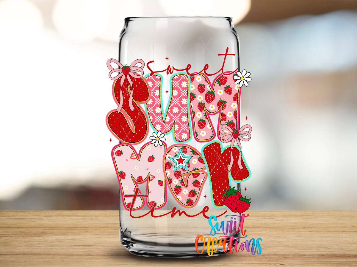 Sweet Summer Time design close-up on a clear glass can tumbler