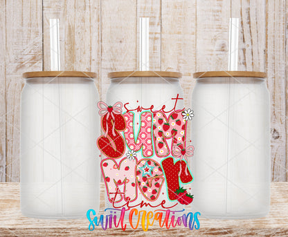 Sweet Summer Time frosted glass tumbler mockup with bamboo lids and straws