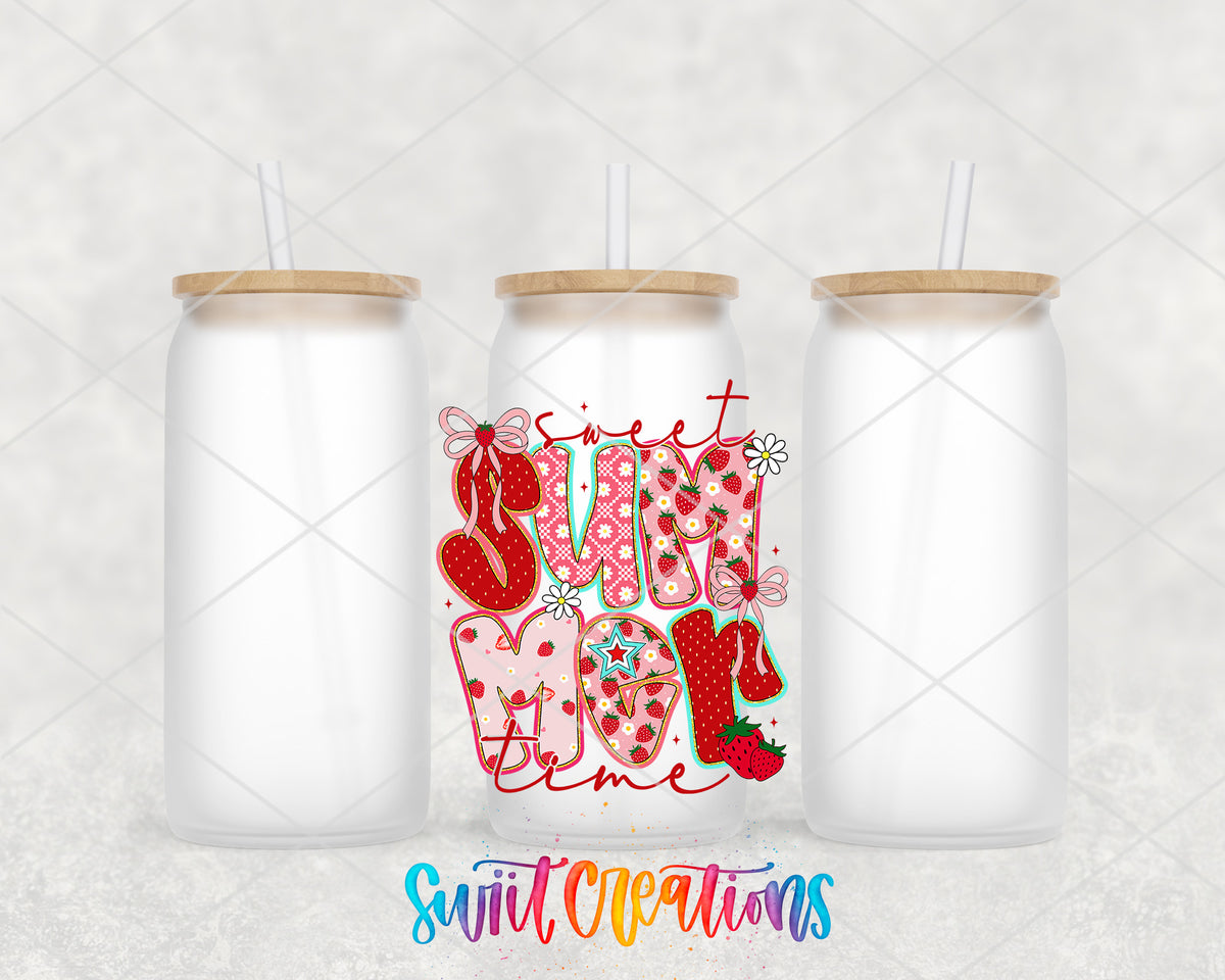 Sweet Summer Time frosted glass tumbler group view with lids and straws