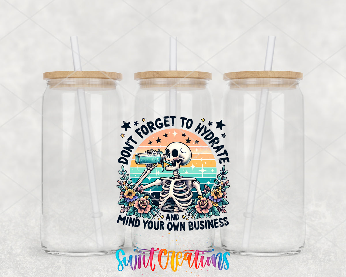 Don't Forget to Hydrate clear glass tumbler group mockup with bamboo lids and straws