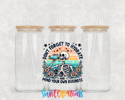 Don't Forget to Hydrate clear glass tumbler group mockup with bamboo lids and straws