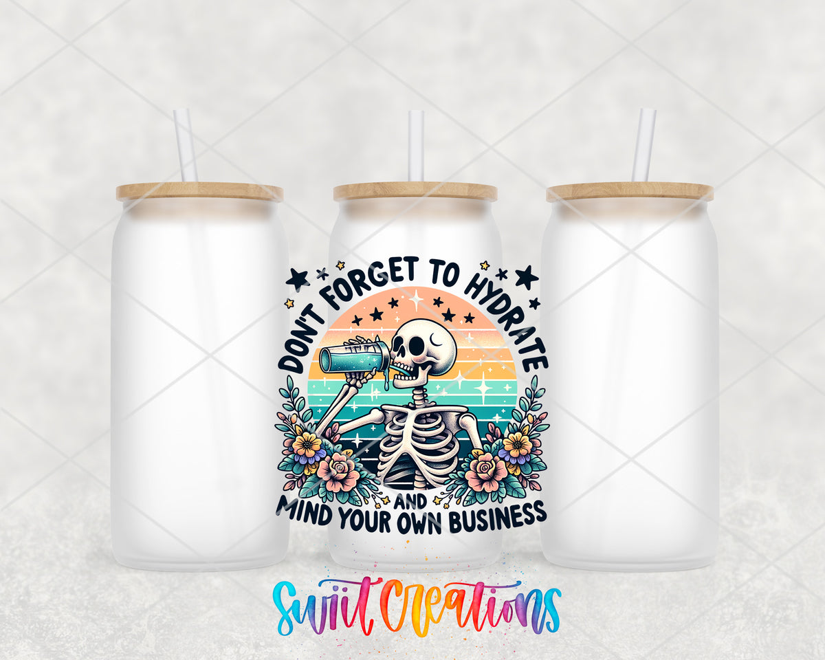 Don't Forget to Hydrate frosted glass tumbler group view with lids and straws