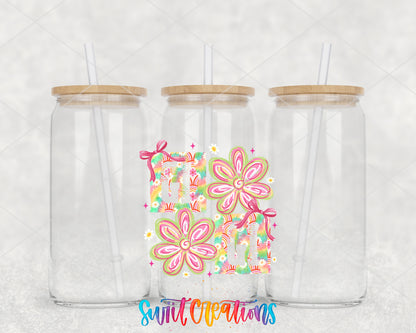 Gigi Floral clear glass tumbler group mockup with bamboo lids and straws