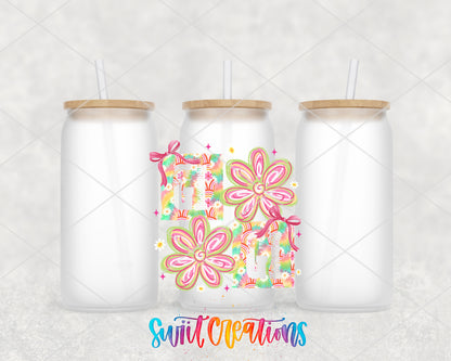 Gigi Floral frosted glass tumbler group view with lids and straws