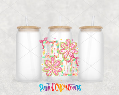 Mama Floral frosted glass tumbler group view with lids and straws