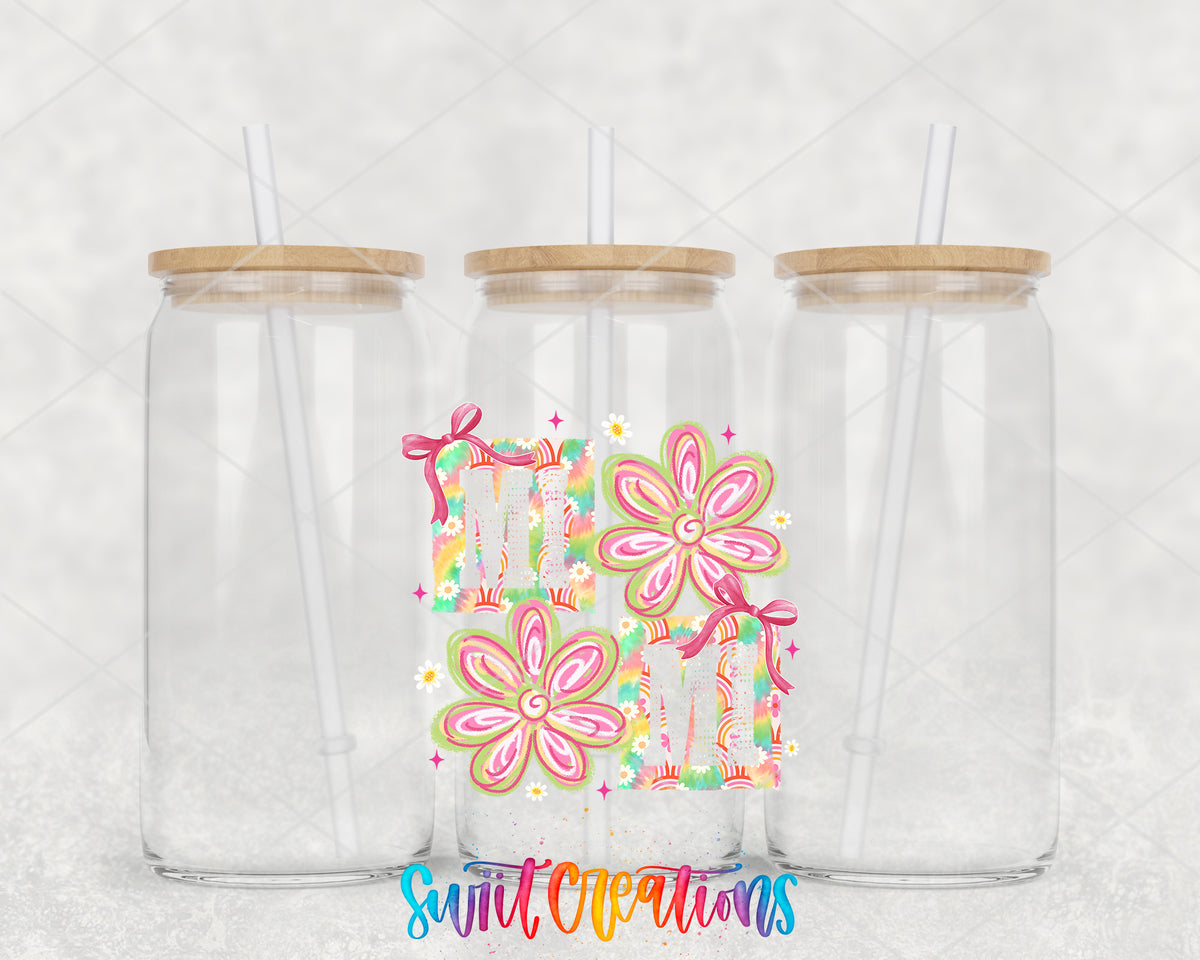 Mimi Floral clear glass tumbler group mockup with bamboo lids and straws