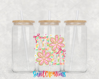 Nana Floral clear glass tumbler group mockup with bamboo lids and straws