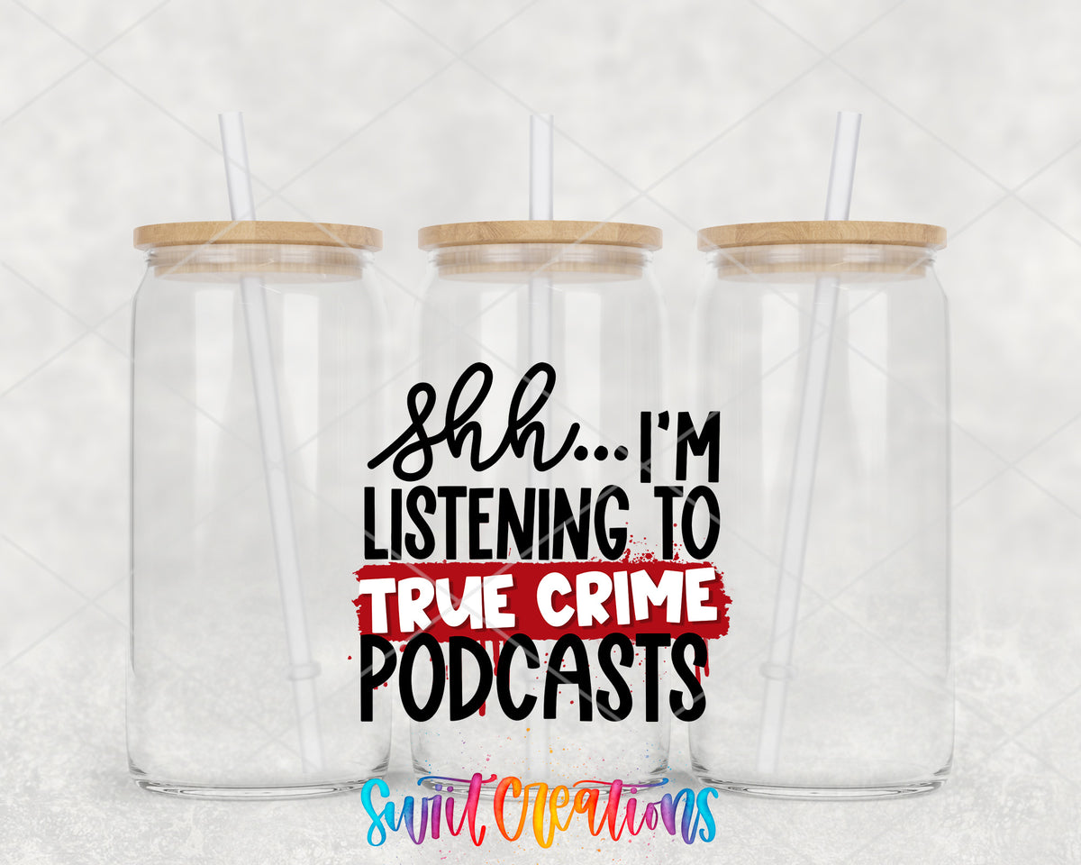 True Crime Podcasts clear glass tumbler group mockup with bamboo lids and straws