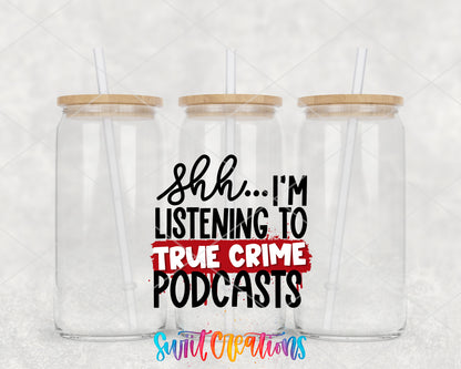 True Crime Podcasts clear glass tumbler group mockup with bamboo lids and straws