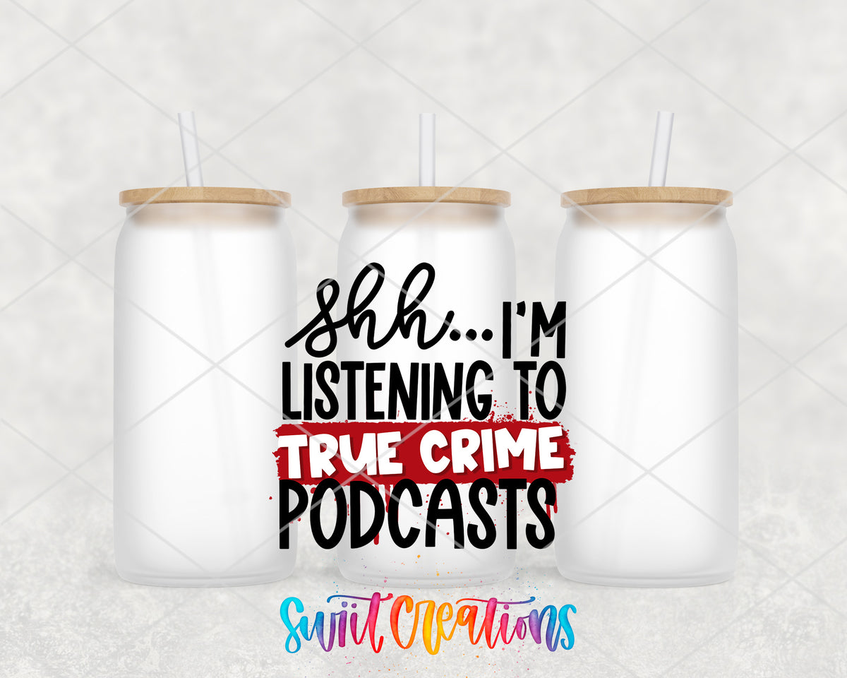 True Crime Podcasts frosted glass tumbler group view with lids and straws
