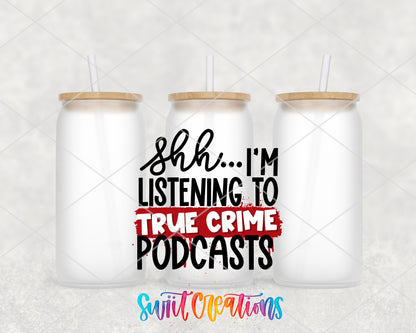 True Crime Podcasts frosted glass tumbler group view with lids and straws