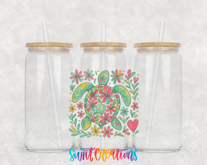 Floral Sea Turtle clear glass tumbler group mockup with bamboo lids and straws