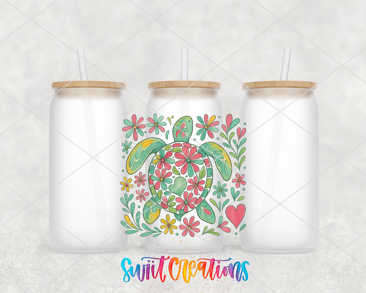 Floral Sea Turtle frosted glass tumbler group view with lids and straws