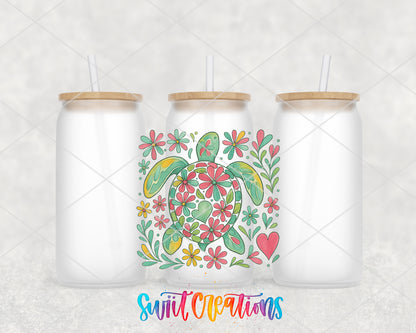 Floral Sea Turtle frosted glass tumbler group view with lids and straws
