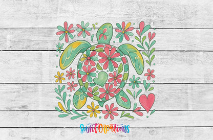 Floral Sea Turtle artwork detail for the finished 16 oz tumbler