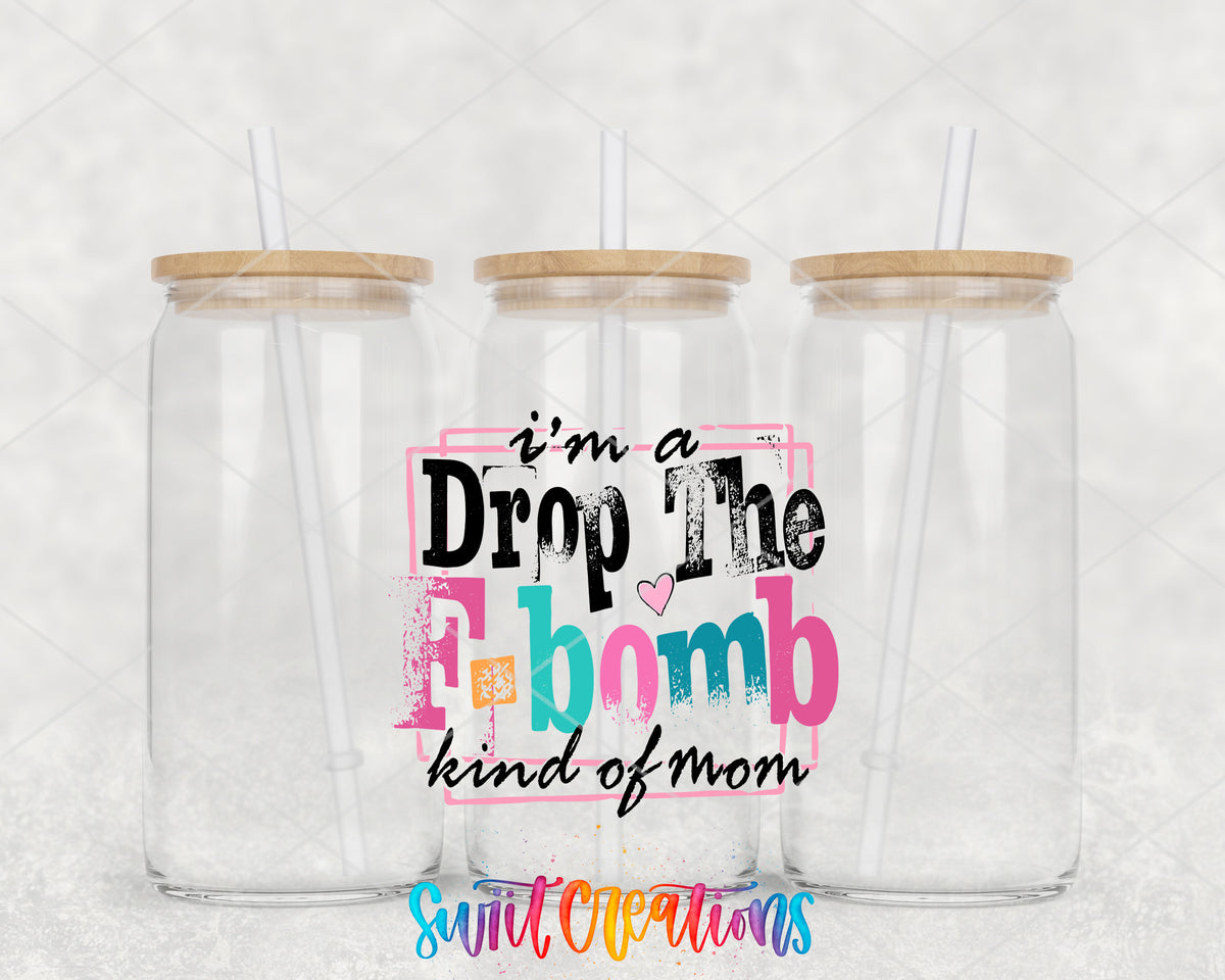 F-Bomb Kind of Mom clear glass tumbler group mockup with bamboo lids and straws