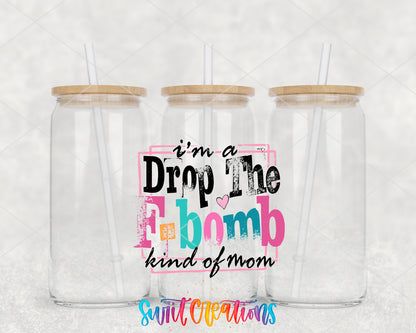 F-Bomb Kind of Mom clear glass tumbler group mockup with bamboo lids and straws