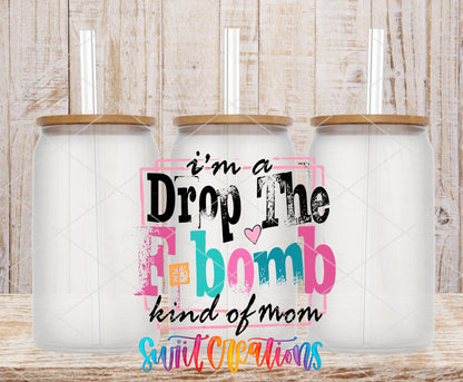 F-Bomb Kind of Mom frosted glass tumbler mockup with bamboo lids and straws