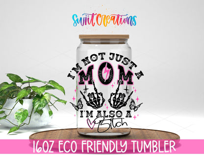 Not Just a Mom design on a 16 oz clear glass tumbler with bamboo lid